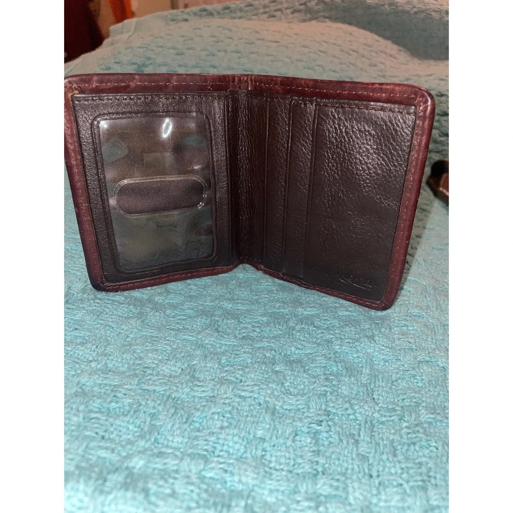 Brighton Mens Bifold Wallet Brown Woven Leather Basket Weave ID Window